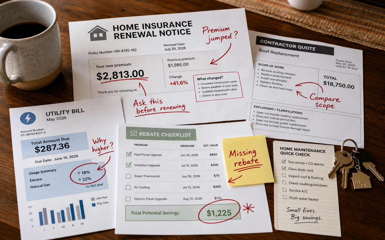 Marked up homeowner bills with red pen notes