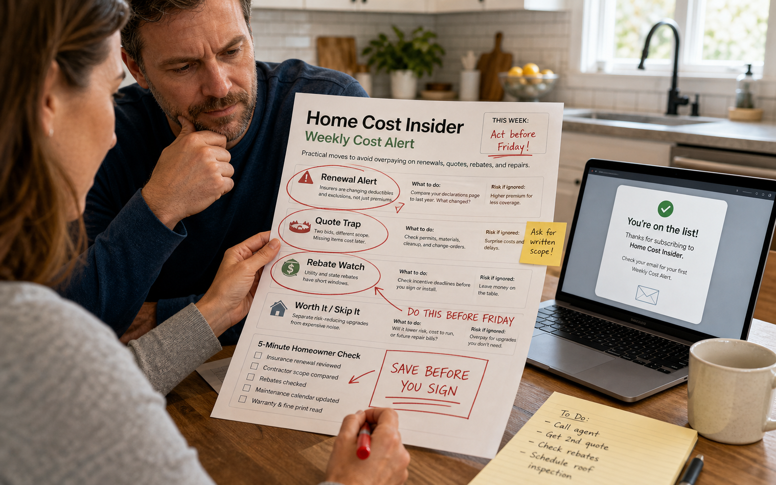 Homeowner couple reviewing a Home Cost Insider weekly cost alert with red pen notes